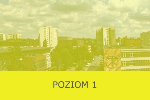 na żółtym tle napis Poziom pierwszy w tle budynek Uniwersytetu Śląśkiego